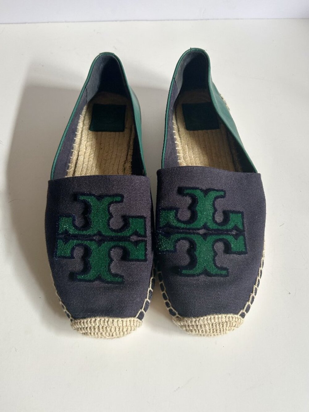 Tory Burch Navy Canvas Espadrilles with Green Logo